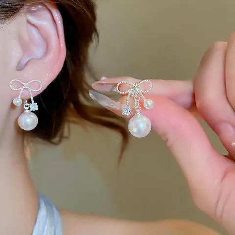 Pendientes Colgantes De Lazo Con Perla Artificial De Imitación Y Circón Poste De Plata De Ley 925 Elegante Para Mujer