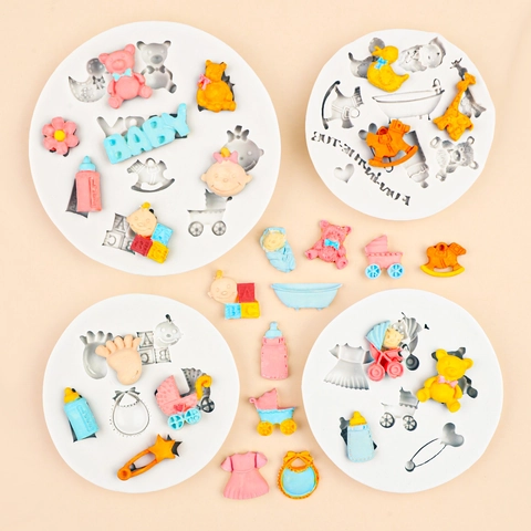 Baby Thema Siliconen Fondant Taartvorm Beer Kinderwagen Schommelpaard Fles DIY Chocolade Bakken Decoratie Gereedschap Babyshower