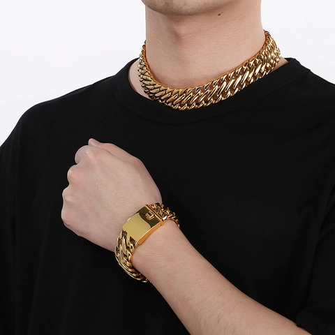 Collar Y Pulsera De Cadena Cubana Gruesa De Acero Inoxidable Joyería De Hip Hop Tejida De Doble Fila Para Hombres