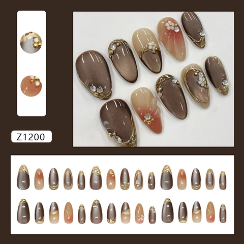 Press On Nägel 3D Blume Katzenauge Mandelform Goldrand Künstliche Perlendekor Abnehmbare Künstliche Nägel Für Frauen Elegant
