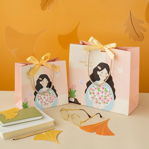 Illustration Paper Gift Bag With Satin Ribbon Bow Woven Handle For Teacher Appreciation Thank You Teacher Gift Wrapping