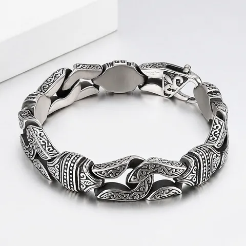 Vintage Men's Carved Floral Pattern Chain Bracelet 316L Stainless Steel Punk Retro Heavy Link Jewelry For Men