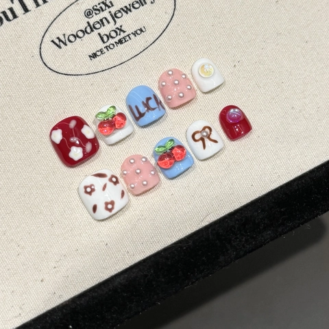 Faux Ongles à Coller Enfants Faits à la Main Dessin Animé Cerise Fleur 3D Nœud Rouge Bleu Rose Blanc Mignons Faux Ongles Filles
