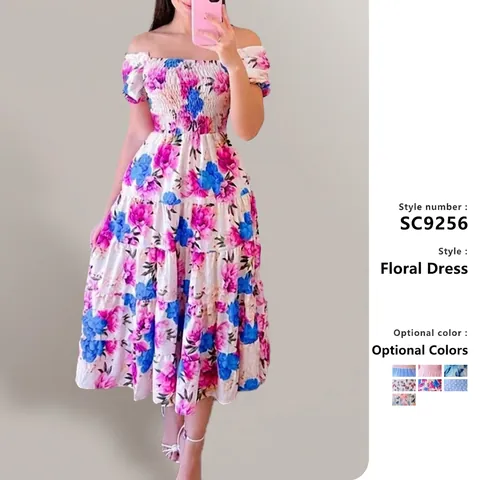 Damen Off Shoulder Midi Kleid Polyester Gummizug Taille Gestuft Saum Blumen Schmetterling Regenbogen Druck Elegant Sommer