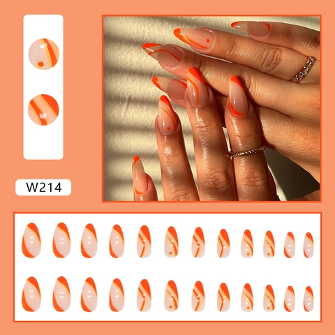 Uñas Postizas Press On Nails Almendra Largas Naranja Estilo Francés Onda Manicura Para Mujeres