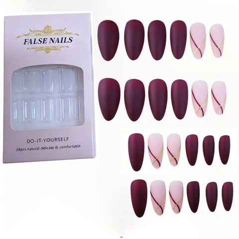 Unghie Finte Press On Opache Rosso Vino E Rosa Nude Forma A Mandorla Lunga Con Linea Dorata ABS