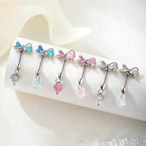 Sweet Bowknot Heart Teardrop Pendant Navel Ring Titanium Steel Zircon Ear Cartilage Piercing Jewelry For Women
