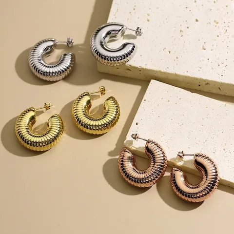 Pendientes De Aro En Forma De C Con Pliegues De Croissant Acero Inoxidable Huecos Joyería Retro