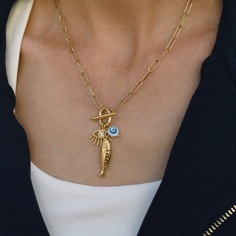 Boze Oog Ketting Roestvrij Staal Verguld Geluksamulet Hoefijzer Olifant Vis Hanger Boho Mode-Sieraden Vrouwen