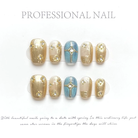 Handmade Press On Nails Blue Cat Eye Star Moon Myth Rhinestone Cross Charm Vintage Luxury Artificial Nails