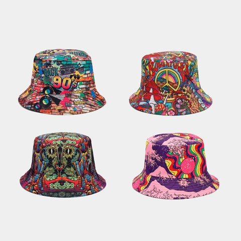 Omkeerbare Vissershoed Retro Graffiti Print Katoen Polyester Zonnehoed Voor Heren Dames Outdoor Hip Hop Stijl
