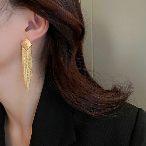 Orecchini A Nappa A Rombo Rame Geometrico Metallico Catena Lunga Gioielli Con 925 Sterling Silver Earring Post Per Donna