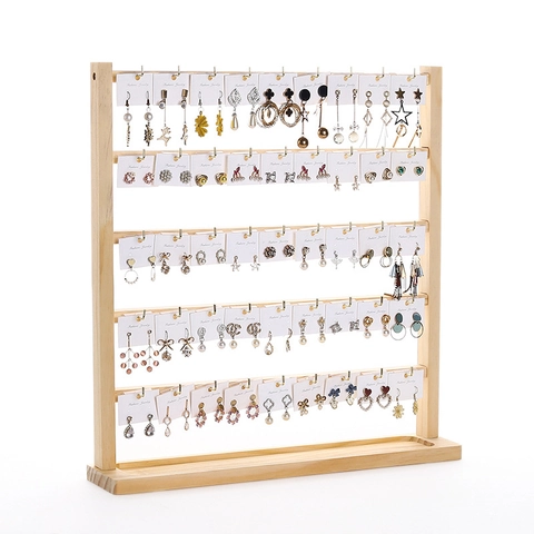 Solid Wood Jewelry Display Stand Multi Tier Earring Holder Organizer With Metal Hooks Desktop Storage Rack For Studs