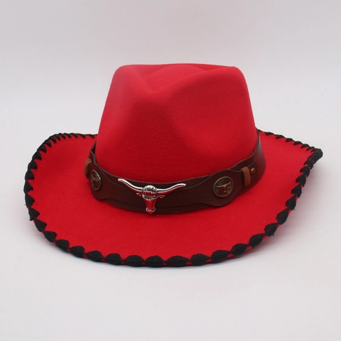 Chapeau De Cow-Boy Western Coton Polyester Feutre Fedora Avec Bande En Cuir Et Tête De Taureau Métal Style Rétro