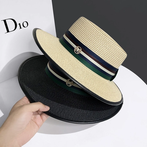 French Vintage Straw Boater Hat Women Flat Top Wide Brim Summer Beach Sun Protection Striped Ribbon Metal M Badge Decor