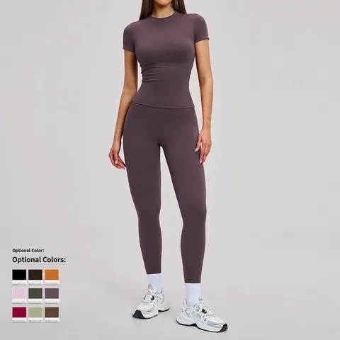 Ropa Deportiva De Yoga Para Mujer Nylon Spandex Top De Manga Corta Y Leggings De Cintura Alta Ajuste Estrecho Secado Rápido