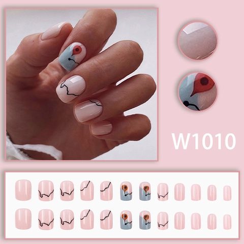 Press On Nails Map Location Pattern Short Square Wearable False Nails Nude Pink Cute Sweet Style For Women