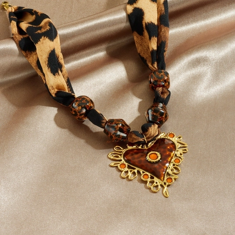 Heart Pendant Necklace Leopard Print Satin Ribbon Stainless Steel Resin Beads Retro Bohemian Style Accessory For Women