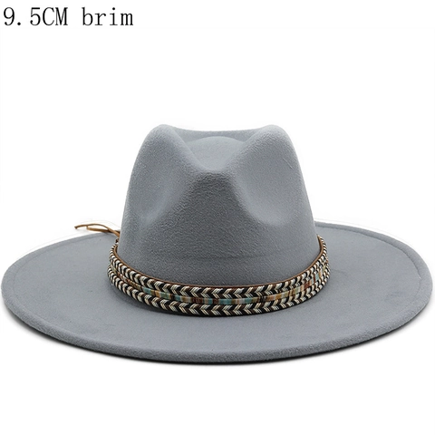 Fedora Hat Wool Felt Wide Brim Ethnic Woven Band Vintage Jazz Cap For Men Women Outdoor Travel Stylish