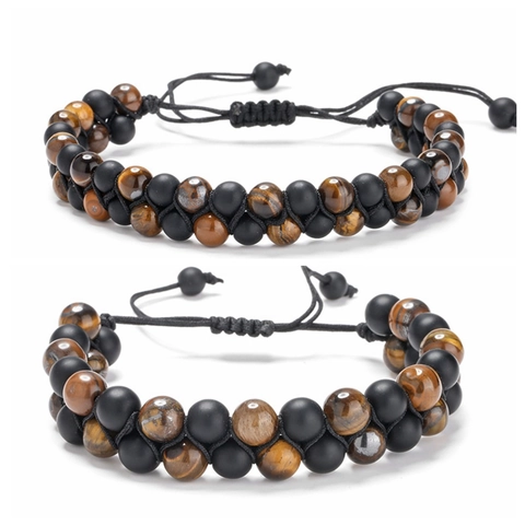 Bracelet Perles Double Rang Homme Oeil De Tigre Naturel Et Agate Mate Pierre De Lave Hématite Ajustable Tissé
