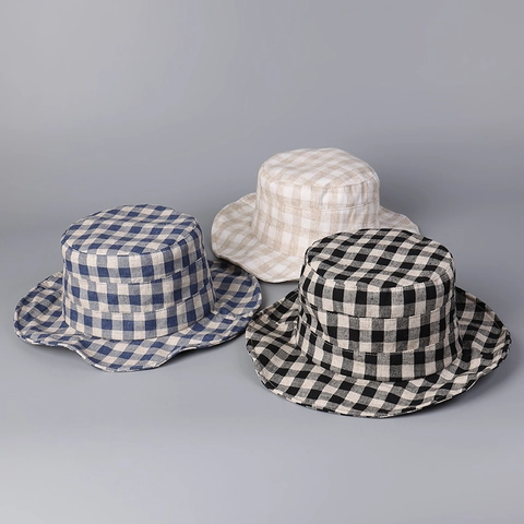 Chapeau Bob À Carreaux Respirant Mélange Lyocell Lin Large Bord Ombrage Malléable Rétro Pliable Chapeau De Soleil Élégant