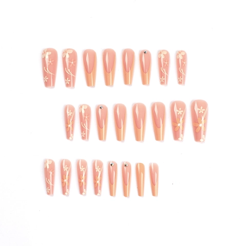 Lange Sarg Nägel Zum Aufdrücken Orange Französisch Blume Strass Künstliche Nägel Glänzend Maniküre Für Damen