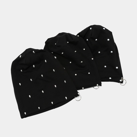 Punk Cotton Knit Beanie Hat With Metal Iron Rings And Rivets Hip Hop Streetwear Warm Gothic Skull Cap For Men Women