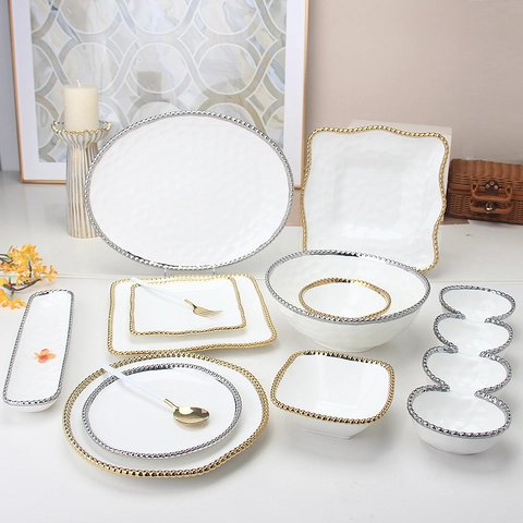 Vaisselle En Céramique Blanche Bordure Perlée Dorée Assiettes Rondes Carrées Bols Porcelaine Luxe Mariage