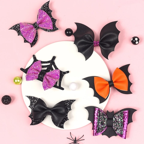 Halloween Bat Wing Bow Hair Clips Glitter Spider Web PU Leather Duckbill Hairpins For Girls Kids Party Accessories