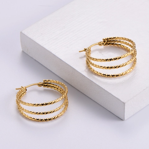 Hoop-Ohrringe 18K Vergoldeter 316L Edelstahl Gedrehte Seilstruktur Mehrlagiger Modeschmuck Für Frauen