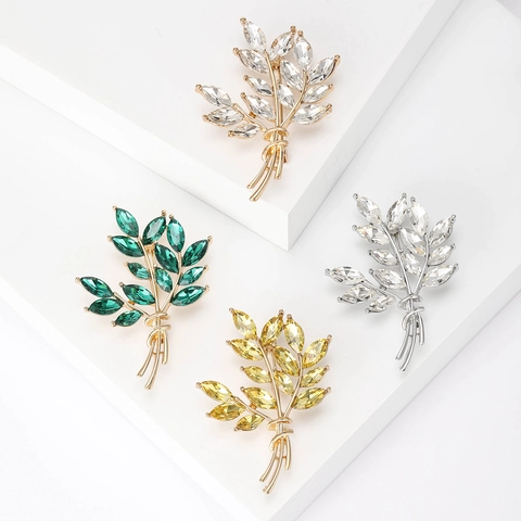 Elegante Tarwe Ear Blad Broche Legering Met Kristal Steentjes Mode Sieraden Pin Voor Vrouwen Bruiloft Feest Kleding Accessoires