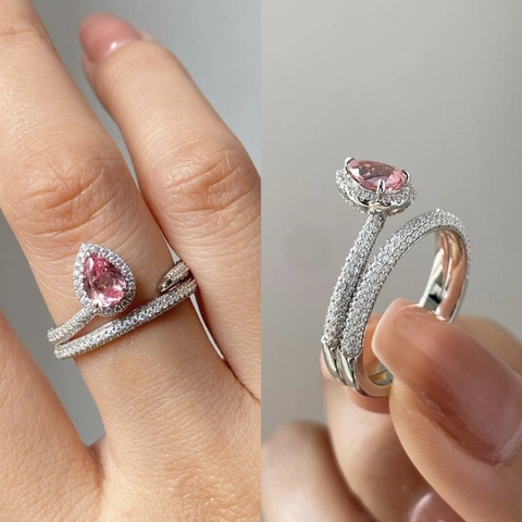 Fashion Pear Shaped Pink Rhinestone Double Layer Ring For Women Silver Plated Alloy Pave Rhinestone Finger Ring Jewelry Gift