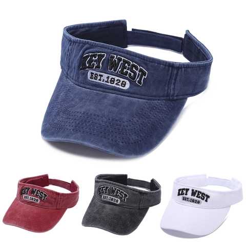 Vintage Washed Cotton Sun Visor Hat Empty Top Cap With Textured Letter Embroidery Adjustable Strap For Outdoor Running