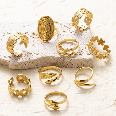 Open Adjustable Ring Gold Plated Stainless Steel Snake Leaf Flower Feather Design Minimalist Fashion Jewelry For Women