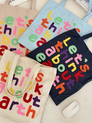 Women Canvas Tote Bag Colorful Chenille Letter Embroidery Earth Slogan Large Capacity Shoulder Handbag For Students