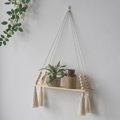 Bohemian Macrame Wall Hanging Shelf Handmade Cotton Rope Woven Floating Wood Board Display Plant Holder Tassel Decor