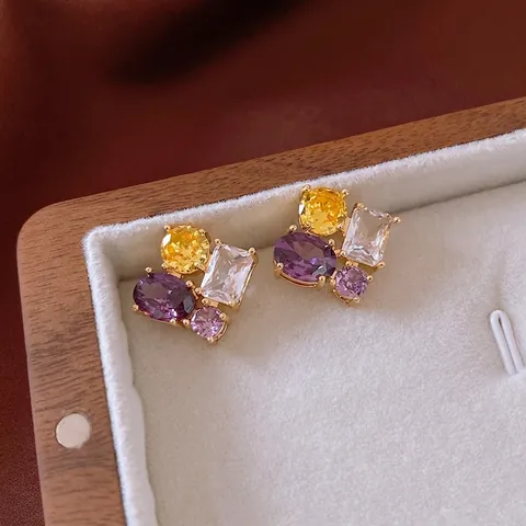 Pendientes De Boton De Circon Colorido Geometrico Ovalado De Cobre Con Poste De Plata De Ley 925 Para Mujer Lujo