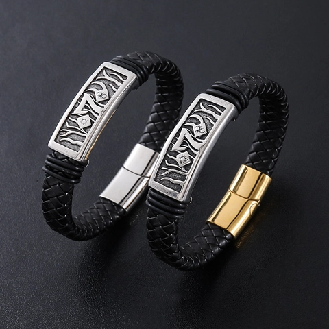 Pulsera De Cuero Trenzado Para Hombre Con Placa De Acero Inoxidable 304 Tótem Tribal Cierre Magnético Punk Hip Hop
