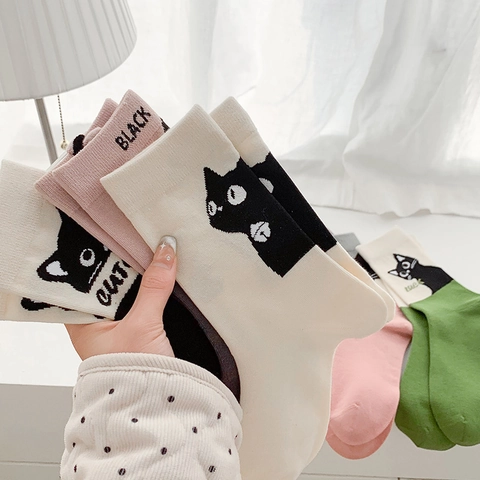 Women Cotton Socks Cartoon Cat Pattern Mid Calf Crew Ankle Breathable Soft Casual Fashion