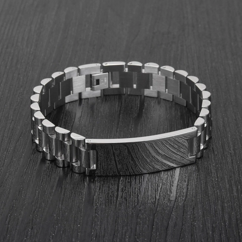 Pulsera Para Hombre Acero Inoxidable Cadena Estilo Correa Reloj Placa ID Curvada Joyería Metal Pulido