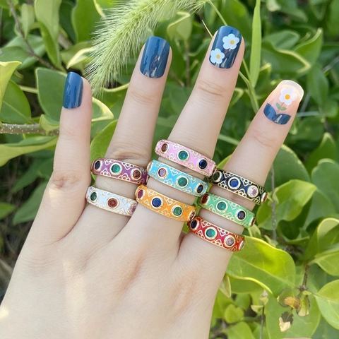 Bunter Emaille Zirkon Ring Für Damen Kupfer Verstellbar Offen Band Retro Boho Schmuck