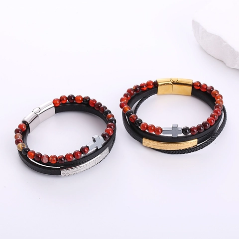 Bracciale Multistrato Uomo Pietra Occhio Di Tigre Acciaio Inossidabile 304 Croce Pelle Nera Intrecciata Chiusura Magnetica