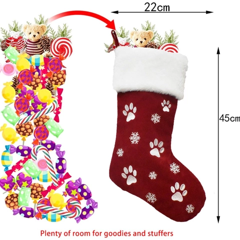 Christmas Stocking Polyester Velvet Faux Fur Embroidered Dog Paw Print Snowflake Holiday Hanging Decor Traditional