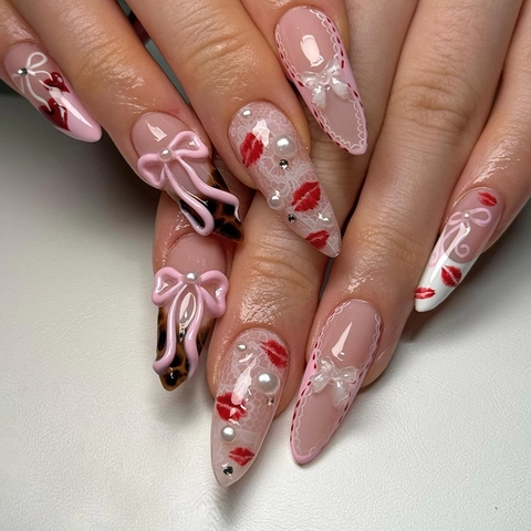 3D Bow Rhinestone Pearl Press On Nails Leopard Lip Print Almond Shape ABS Handmade Manicure Nails For Women Party Decorative Nails