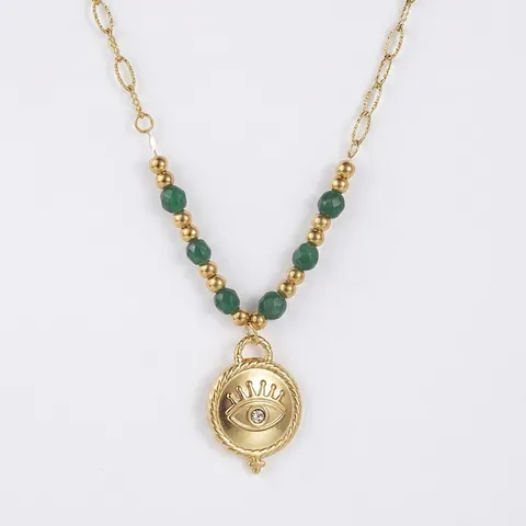 Evil Eye Münzanhänger Halskette Edelstahl Vergoldet Mit Grünen Perlen Zirkonia Böhmischer Vintage Schmuck Für Damen