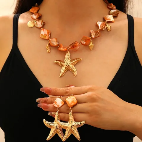 Set di Gioielli Tema Vacanza Oceano Ciondolo Stella Marina Conchiglia Lega Perla Artificiale Collana e Orecchini per Donna Spiaggia Estiva