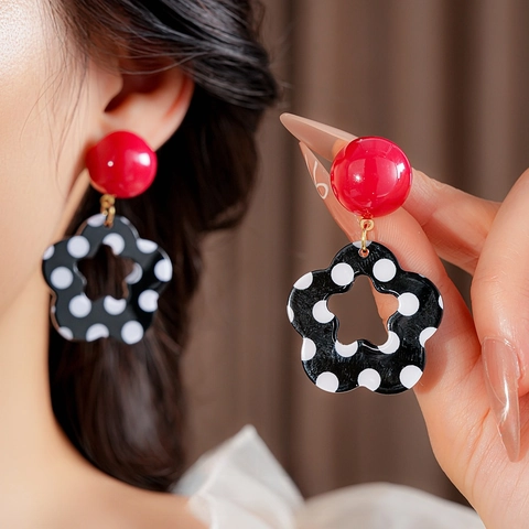 Vintage Blumen Punkte Hängeohrringe Rote Kugel Acryl Harz Mit 925 Sterling Silber Ohrstecker Chic Für Frauen