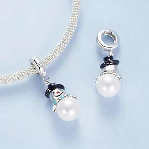 Schneemann Charm Künstliche Perle 925 Sterling Silber Muschelperle Zirkon Weihnachten DIY Schmuck Armband Anhänger Damen