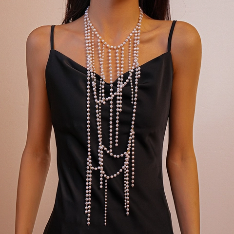 Collana A Catena Per Il Corpo Multistrato Esagerata Con Imitazione Perla Artificial Perline Di Vetro Nappa Gioielli Di Moda Donna