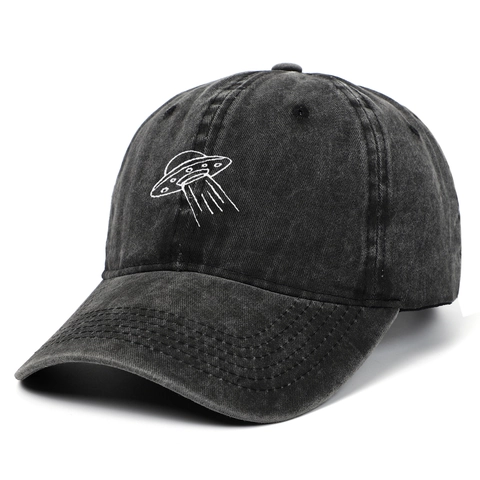 UFO Embroidery Vintage Washed Cotton Baseball Cap Adjustable Casual Sun Hat For Men Women